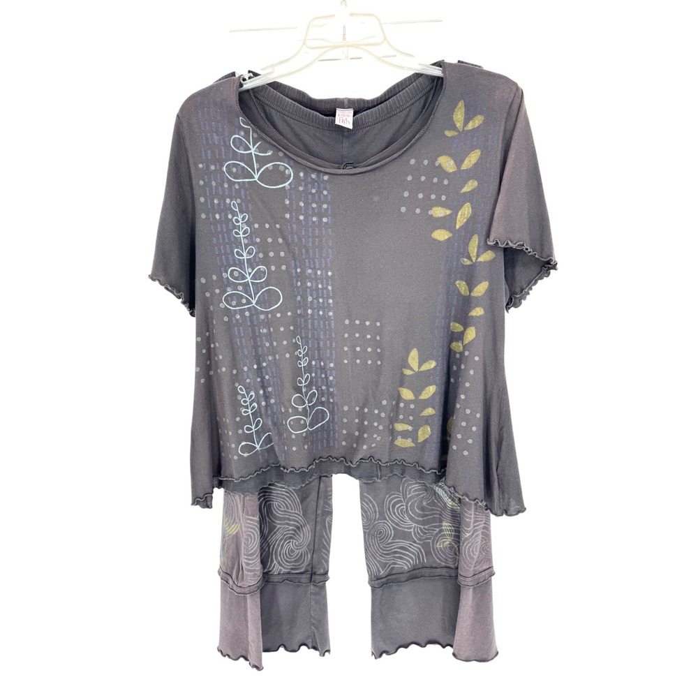 Blue Fish Top and Bottom Matching Set Muted Black/Grey Size 1 (12-16) Leaf Print